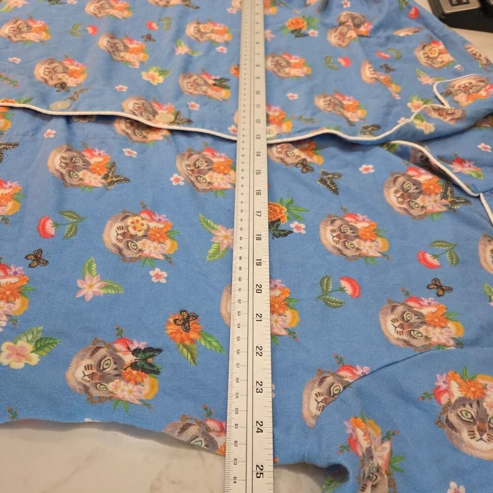 The‎ Cats Pajamas XL Flannel Pajama Top Frida-Inspired Cats Blue Peruvian Cotton